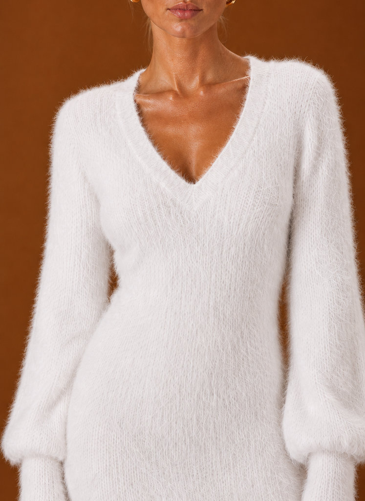 Women's Fuzzy V-Neck Bodycon Mini Sweater Dress with Balloon Sleeves