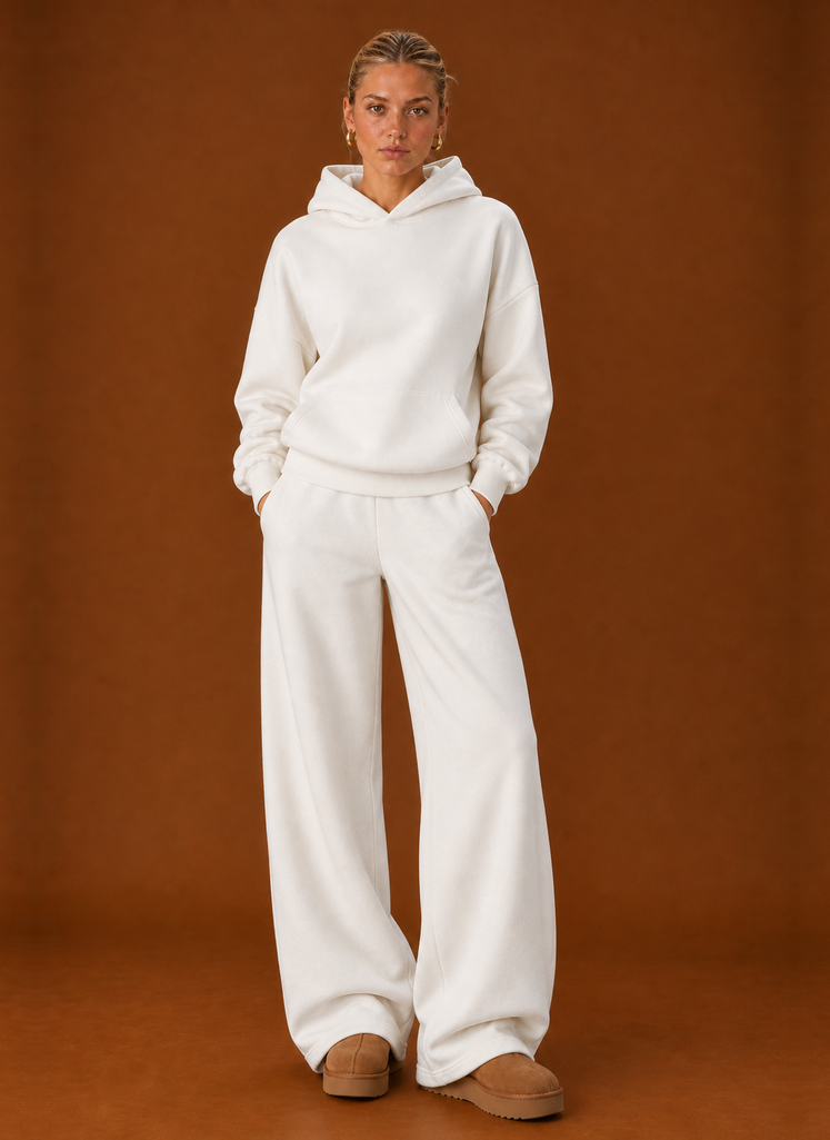 Women's Hoodie & Wide-Leg Joggers Tracksuit Set – White