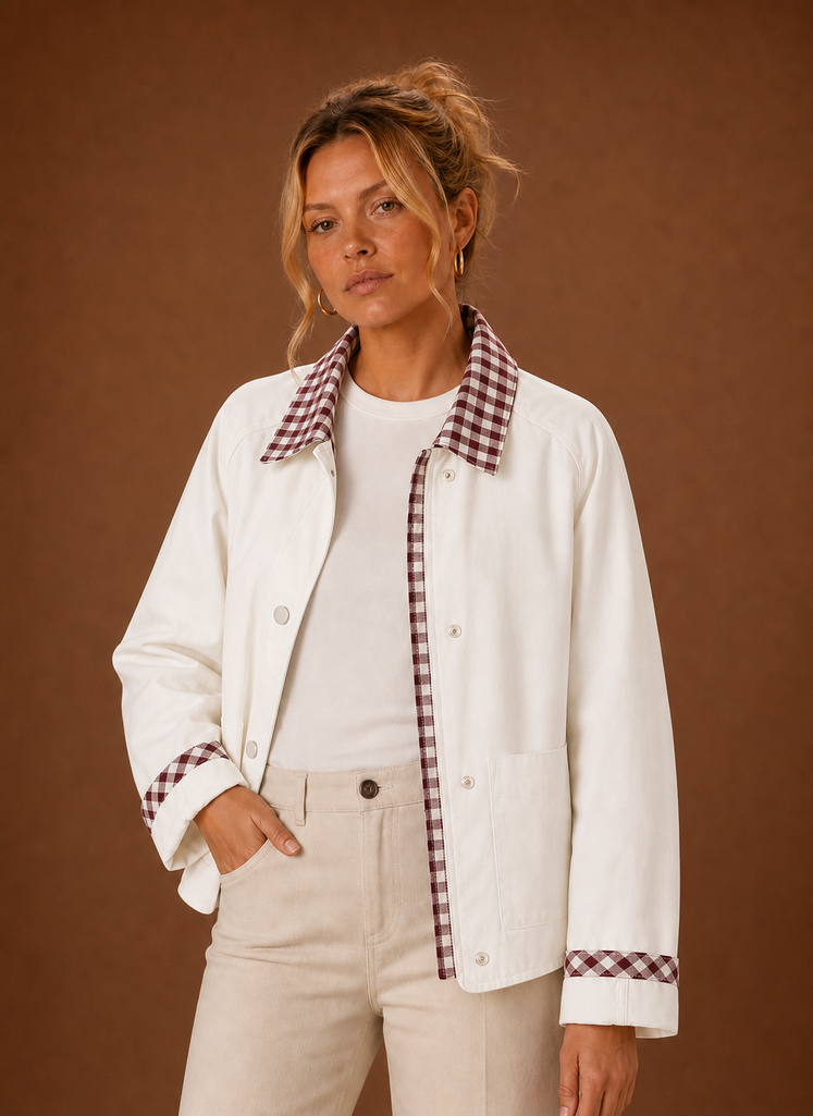 Women's Barn Jacket with Check Collar – White