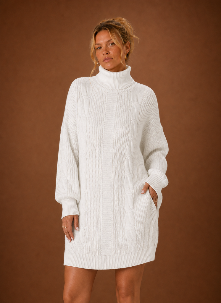 Women's Turtleneck Knit Sweater Dress – White