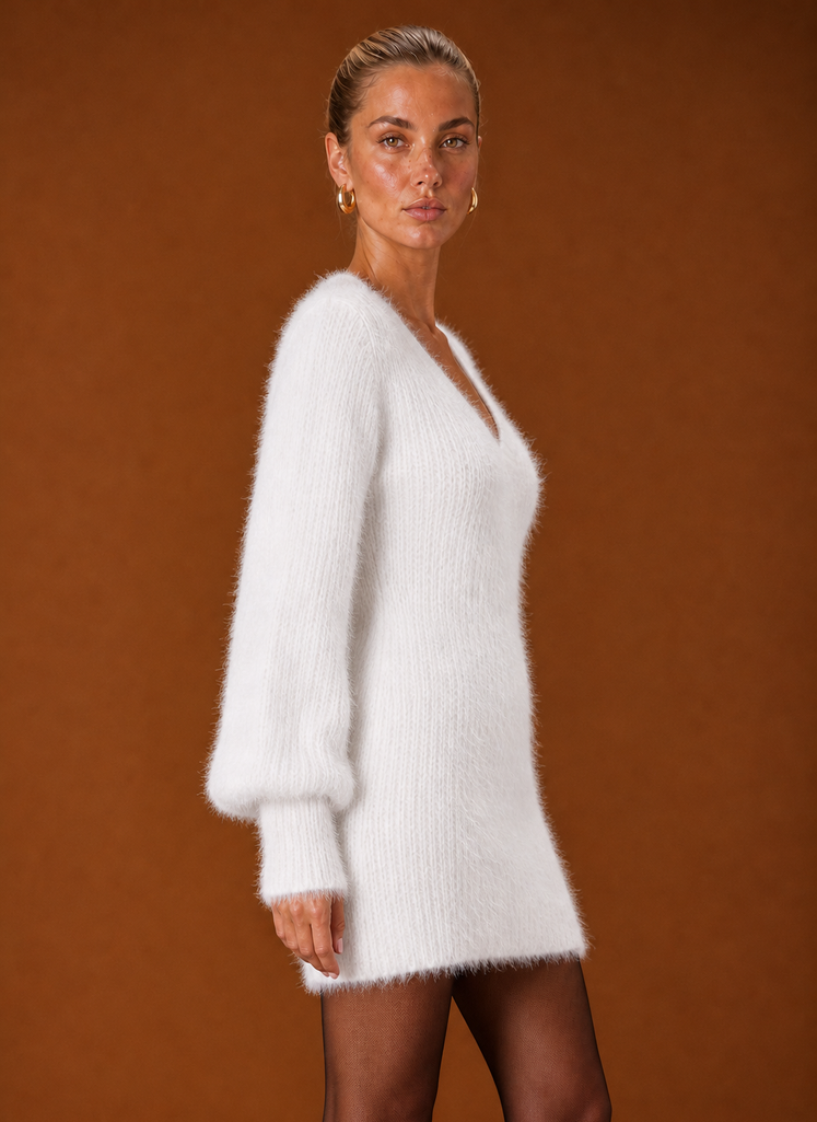 Women's Fuzzy V-Neck Bodycon Mini Sweater Dress with Balloon Sleeves