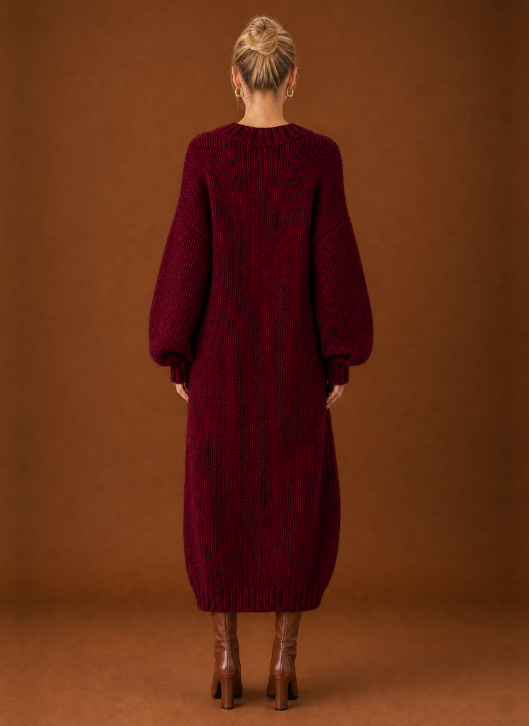 Women's Oversized Chunky Knit Maxi Sweater Dress with Balloon Sleeves
