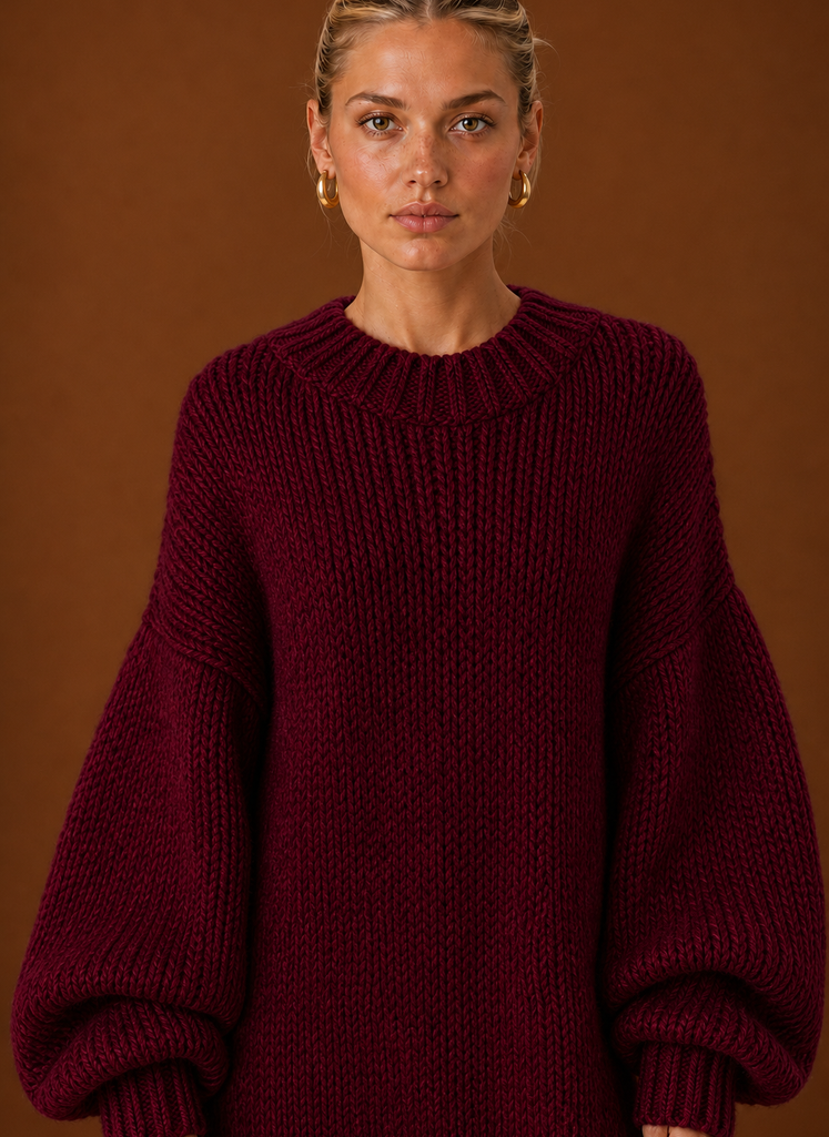 Women's Oversized Chunky Knit Maxi Sweater Dress with Balloon Sleeves