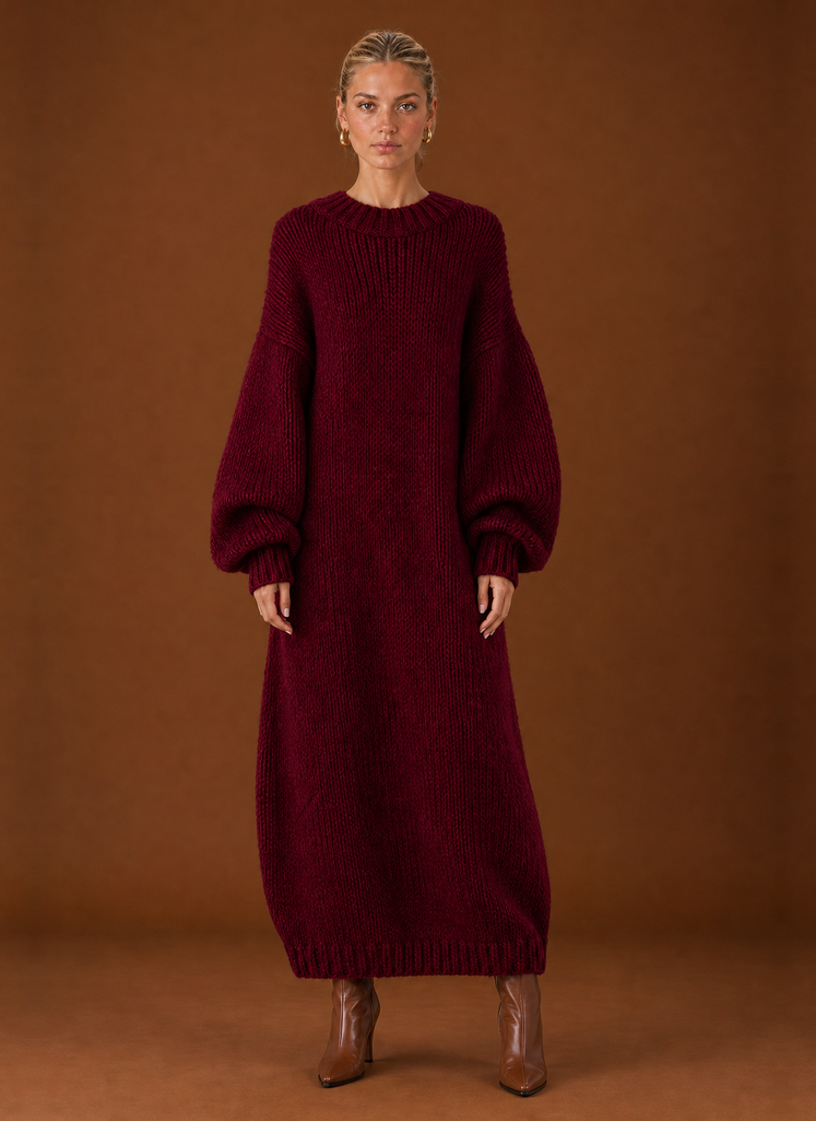 Women's Oversized Chunky Knit Maxi Sweater Dress with Balloon Sleeves – Wine Red