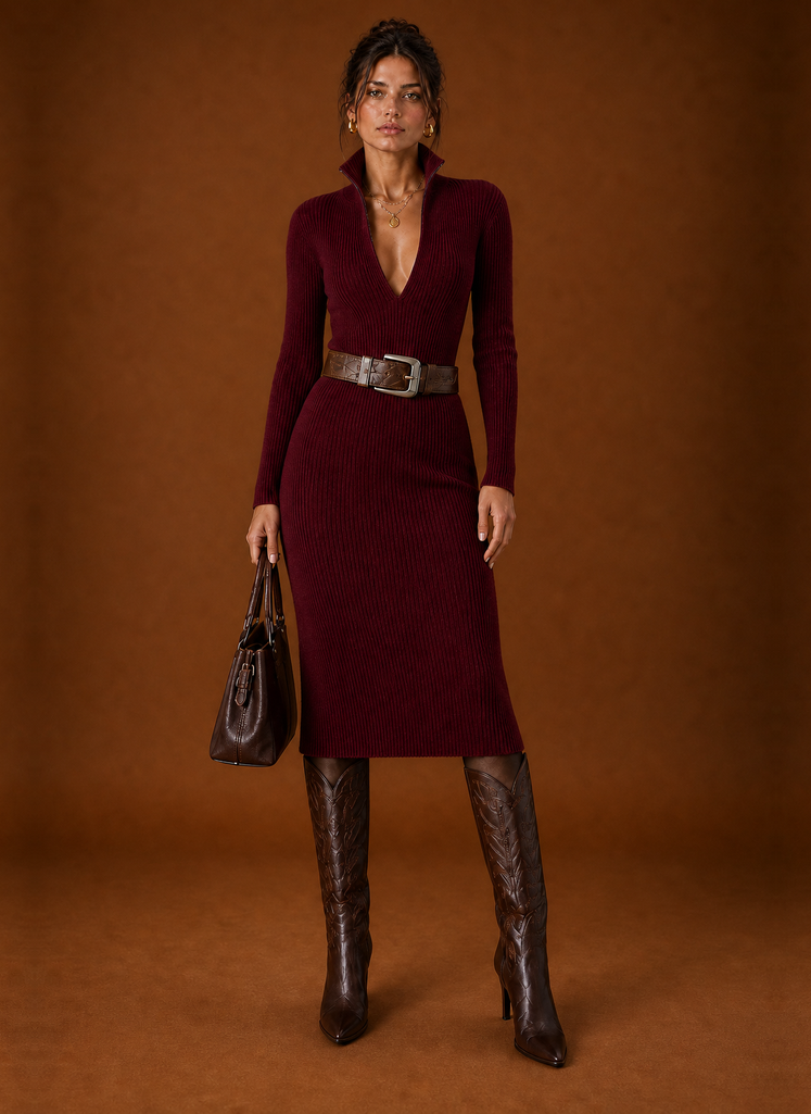 Women's Knee-Length Long-Sleeve Sweater Dress – Wine Red