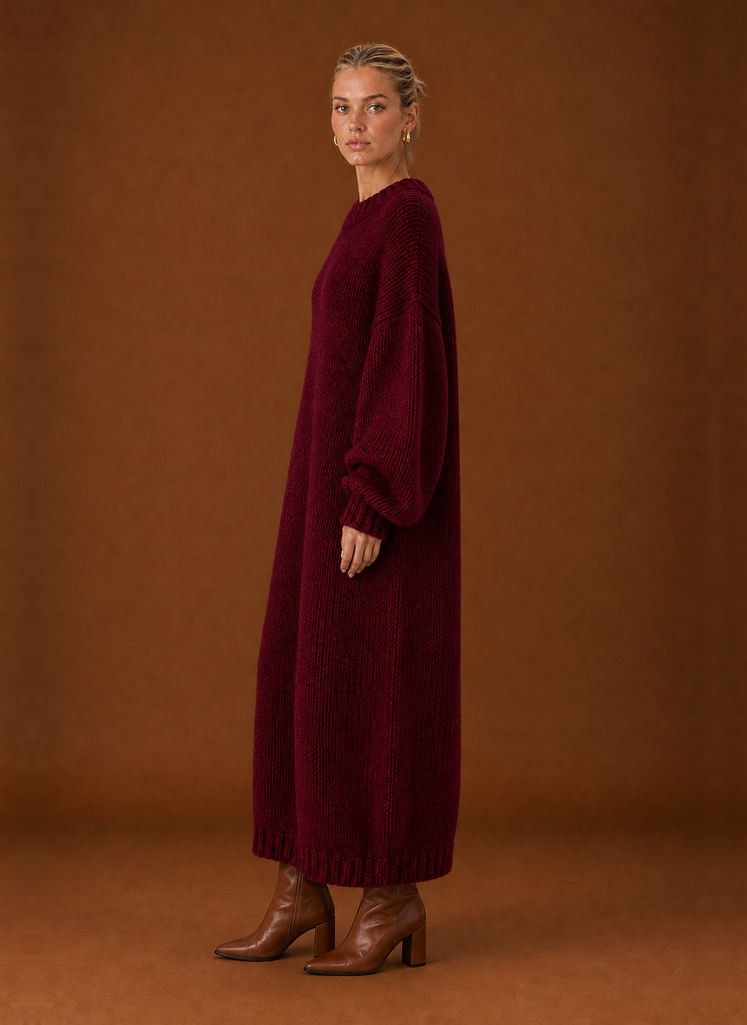 Women's Oversized Chunky Knit Maxi Sweater Dress with Balloon Sleeves