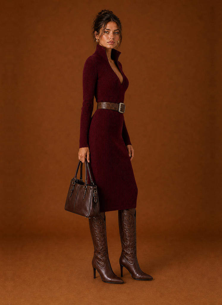 Women's Knee-Length Long-Sleeve Sweater Dress