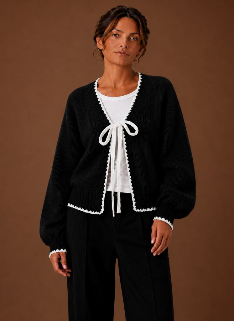 Women's Scalloped-Trim Bow-Front Cardigan – Black