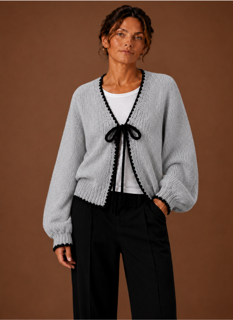 Women's Scalloped-Trim Bow-Front Cardigan – Grey