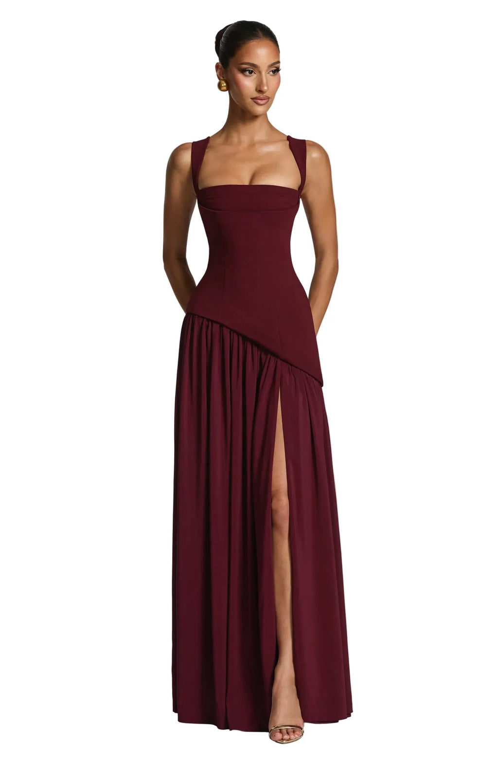 Women's Sleeveless A-Line Maxi Dress with Fitted Waist – Burgundy