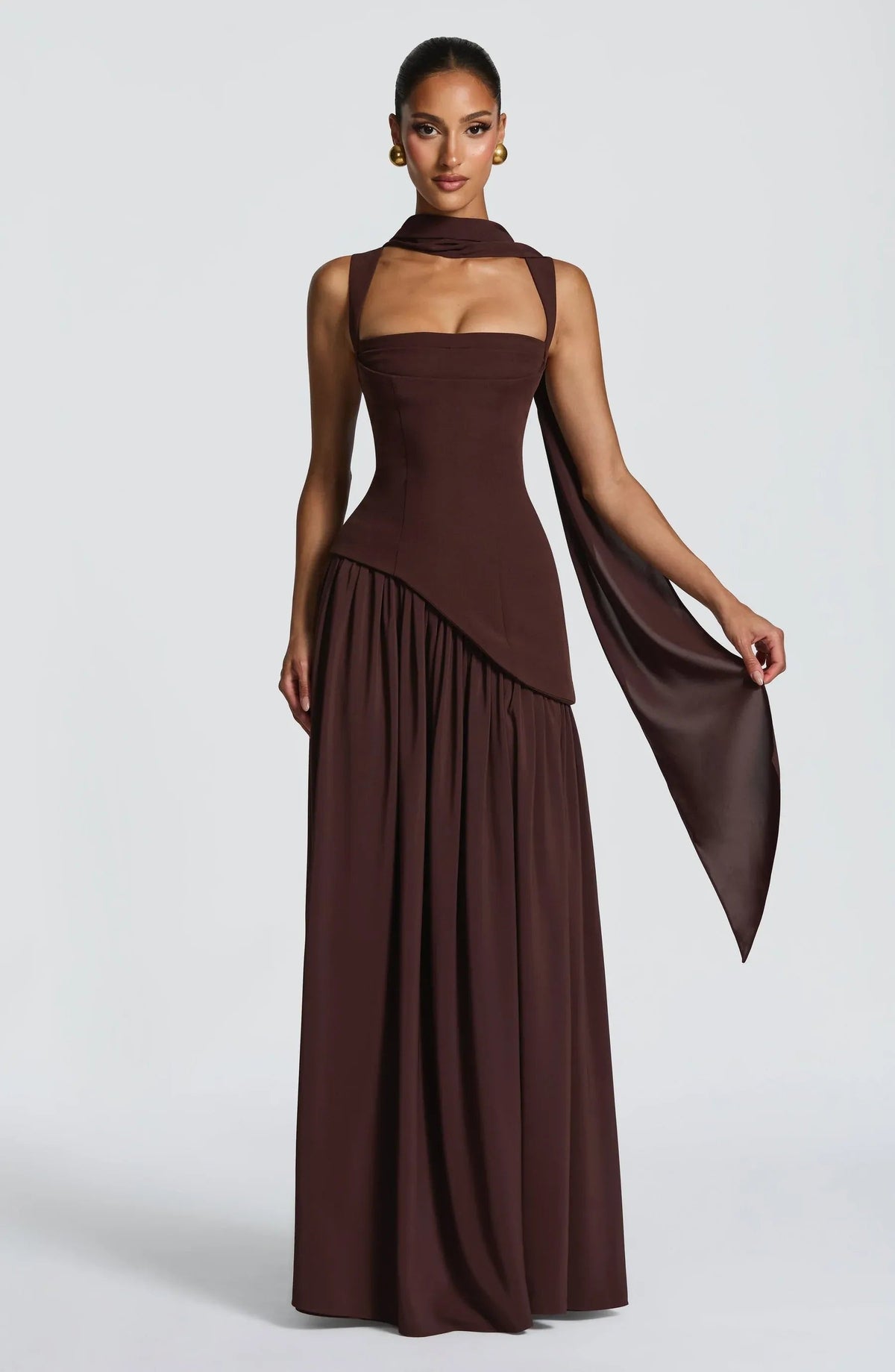 Women's Sleeveless A-Line Maxi Dress with Fitted Waist – Brown