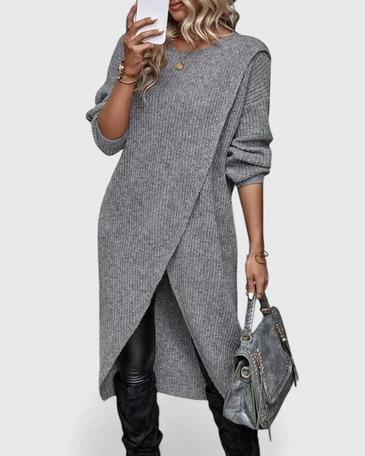 Women's Asymmetric Wrap-Hem Relaxed-Fit Long-Sleeve Midi Jumper Dress – Grey