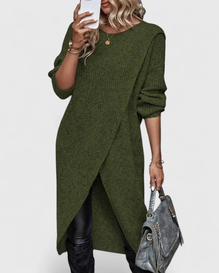 Women's Asymmetric Wrap-Hem Relaxed-Fit Long-Sleeve Midi Jumper Dress – Green