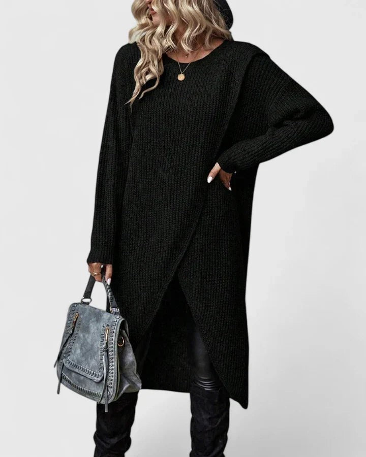 Women's Asymmetric Wrap-Hem Relaxed-Fit Long-Sleeve Midi Jumper Dress