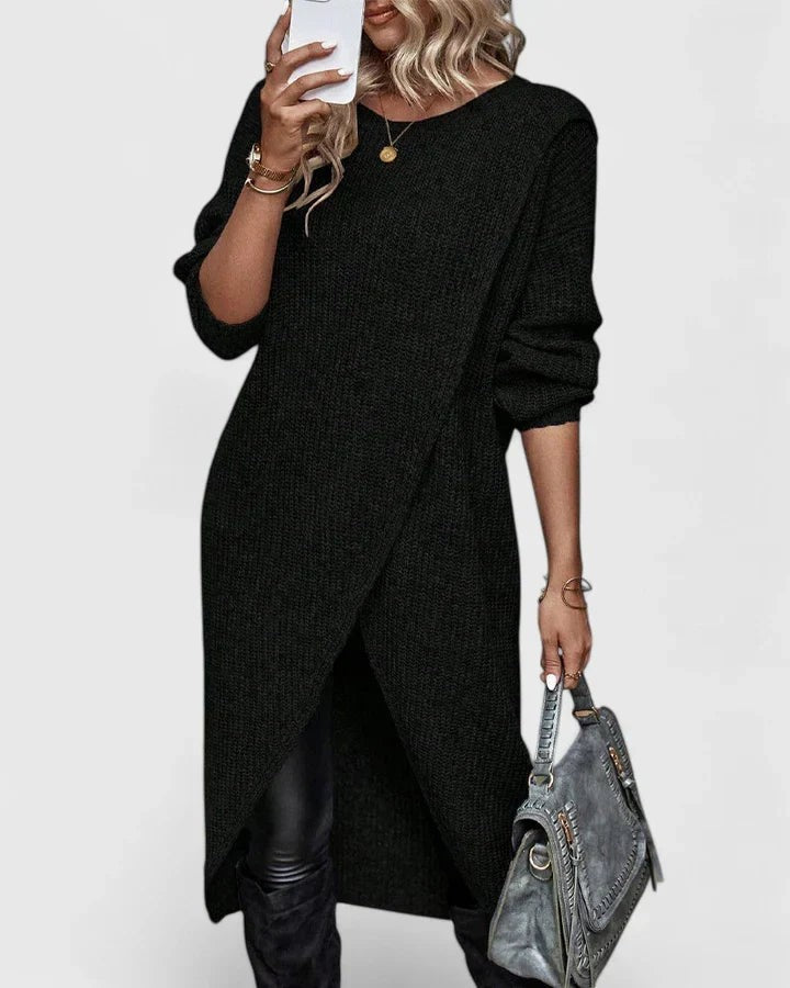 Women's Asymmetric Wrap-Hem Relaxed-Fit Long-Sleeve Midi Jumper Dress – Black