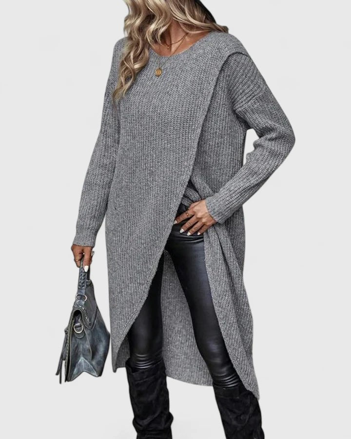 Women's Asymmetric Wrap-Hem Relaxed-Fit Long-Sleeve Midi Jumper Dress