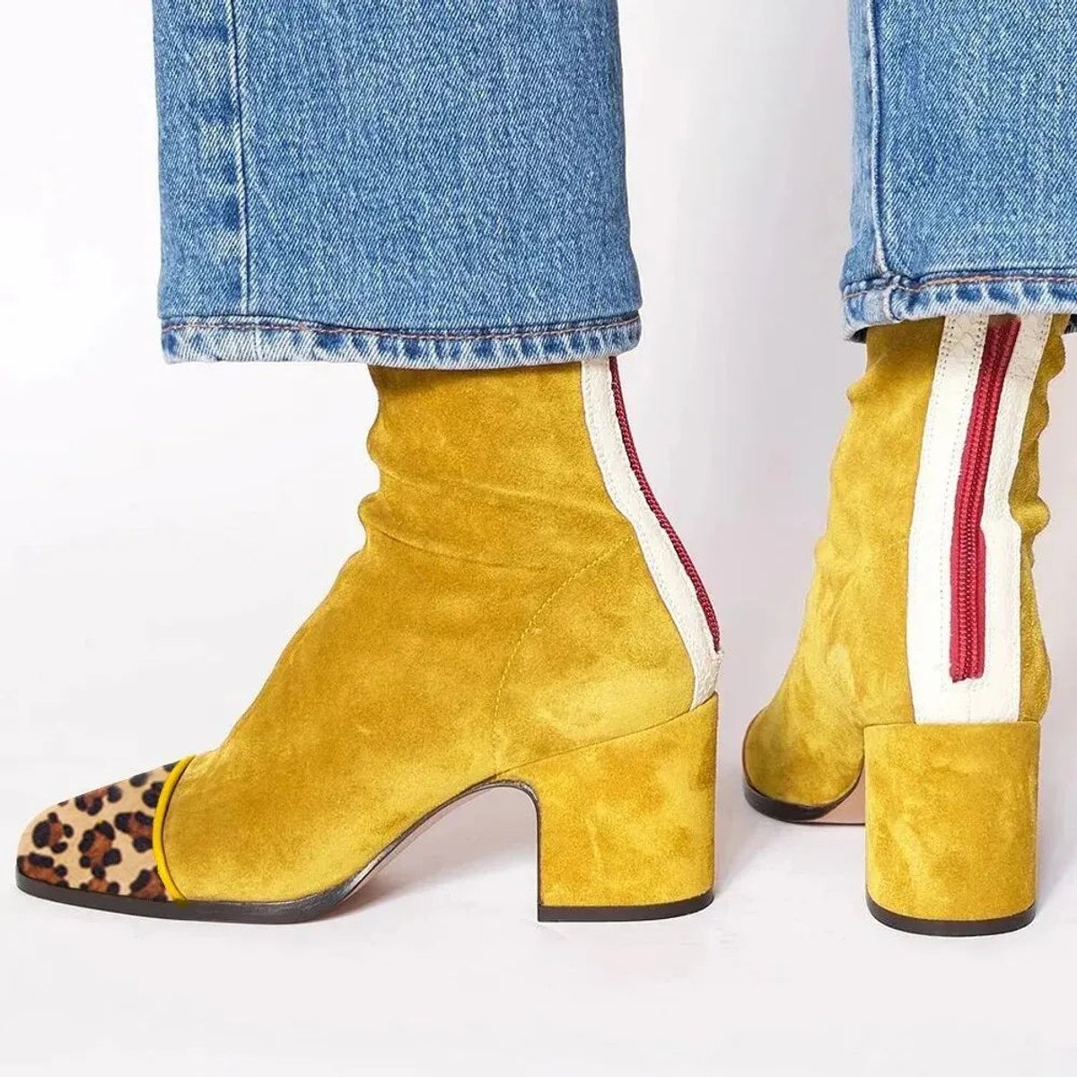 Women's Faux Suede Ankle Boots with Leopard Toe Cap and Block Heel – Yellow