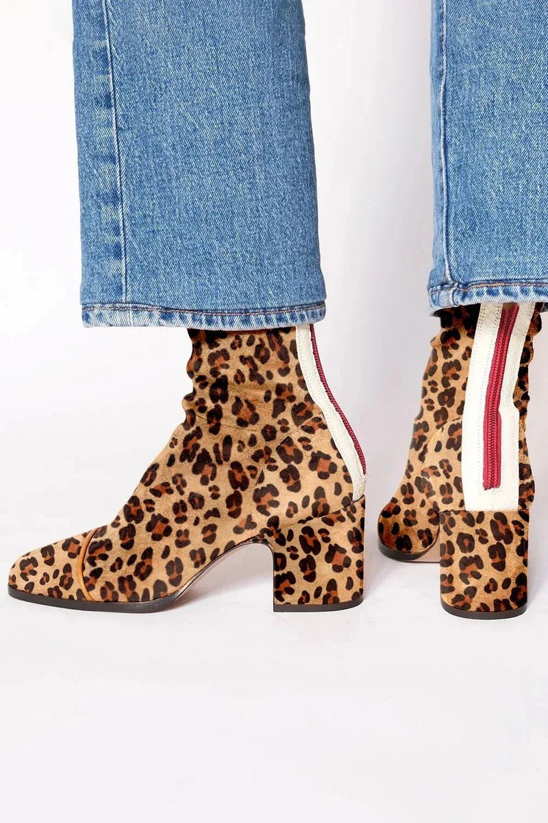 Women's Faux Suede Ankle Boots with Leopard Toe Cap and Block Heel – Leopard Print