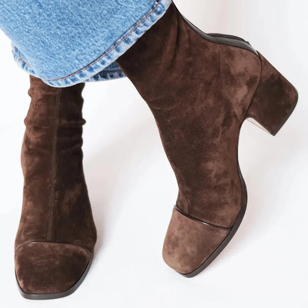 Women's Faux Suede Ankle Boots with Leopard Toe Cap and Block Heel
