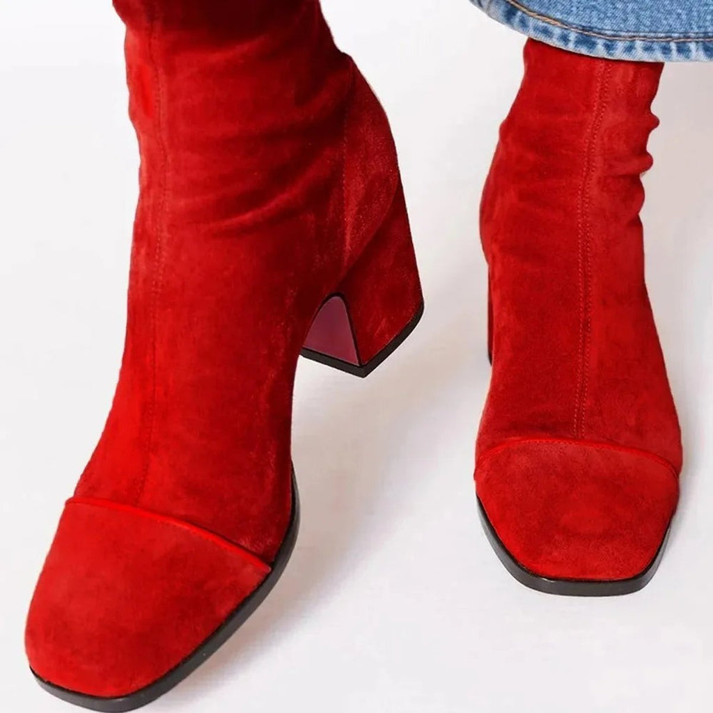 Women's Faux Suede Ankle Boots with Leopard Toe Cap and Block Heel – Red