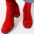 Women's Faux Suede Ankle Boots with Leopard Toe Cap and Block Heel – Red