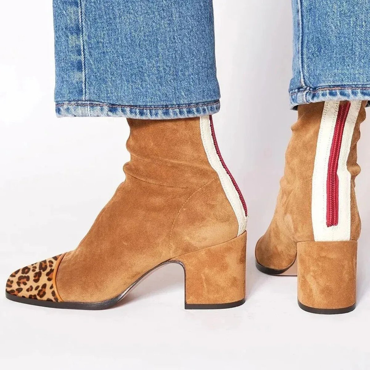 Women's Faux Suede Ankle Boots with Leopard Toe Cap and Block Heel – Brown