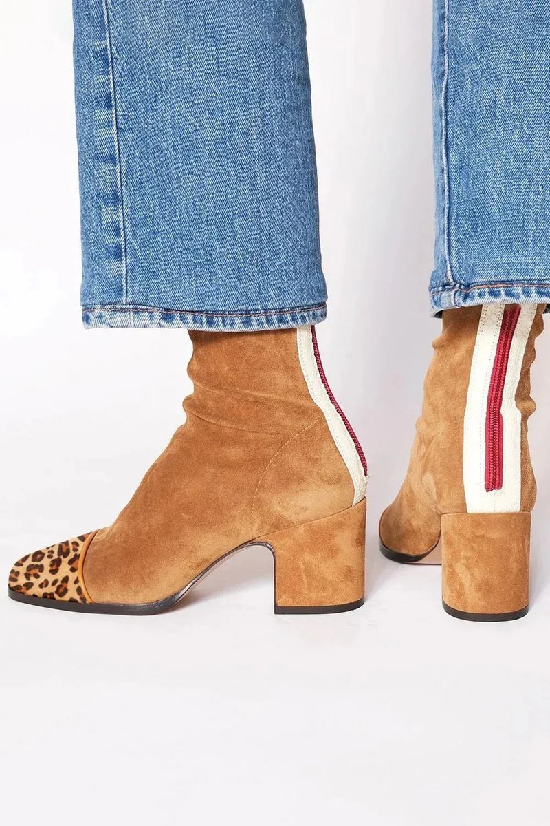 Women's Faux Suede Ankle Boots with Leopard Toe Cap and Block Heel