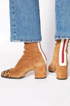 Women's Faux Suede Ankle Boots with Leopard Toe Cap and Block Heel