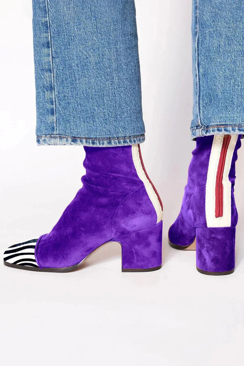 Women's Faux Suede Ankle Boots with Leopard Toe Cap and Block Heel – Purple