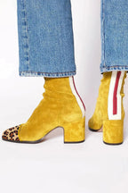 Women's Faux Suede Ankle Boots with Leopard Toe Cap and Block Heel