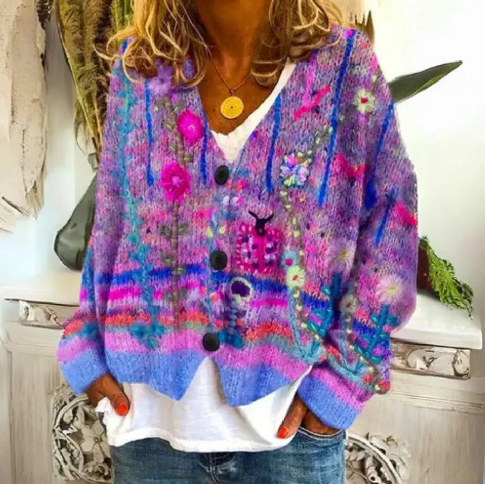 Women's Boho Striped Oversized Button-Up Cardigan – Violet