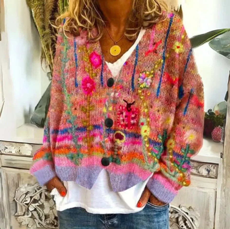 Women's Boho Striped Oversized Button-Up Cardigan – Red