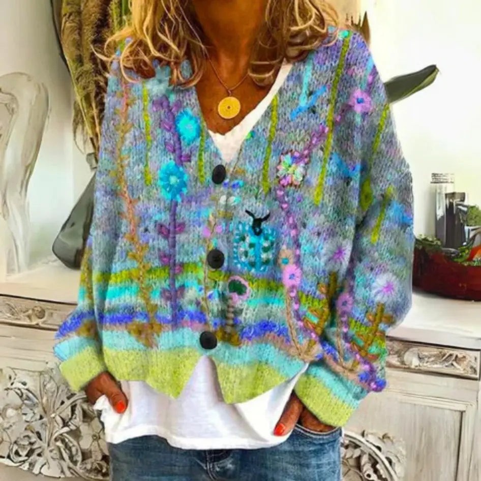Women's Boho Striped Oversized Button-Up Cardigan – Green