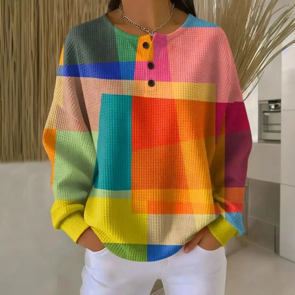 Women's Colourblock Waffle-Knit Button-Neck Relaxed-Fit Jumper – Multicolour