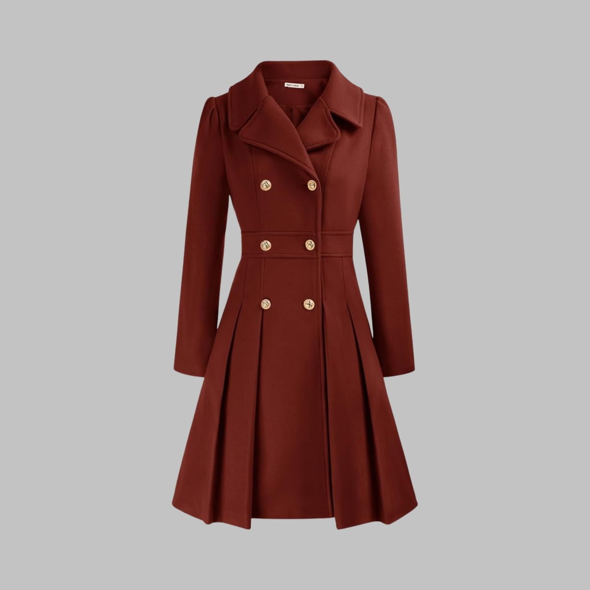 Women's Double-Breasted Pleated A-Line Notch-Lapel Long-Sleeve Coat – Deep Red