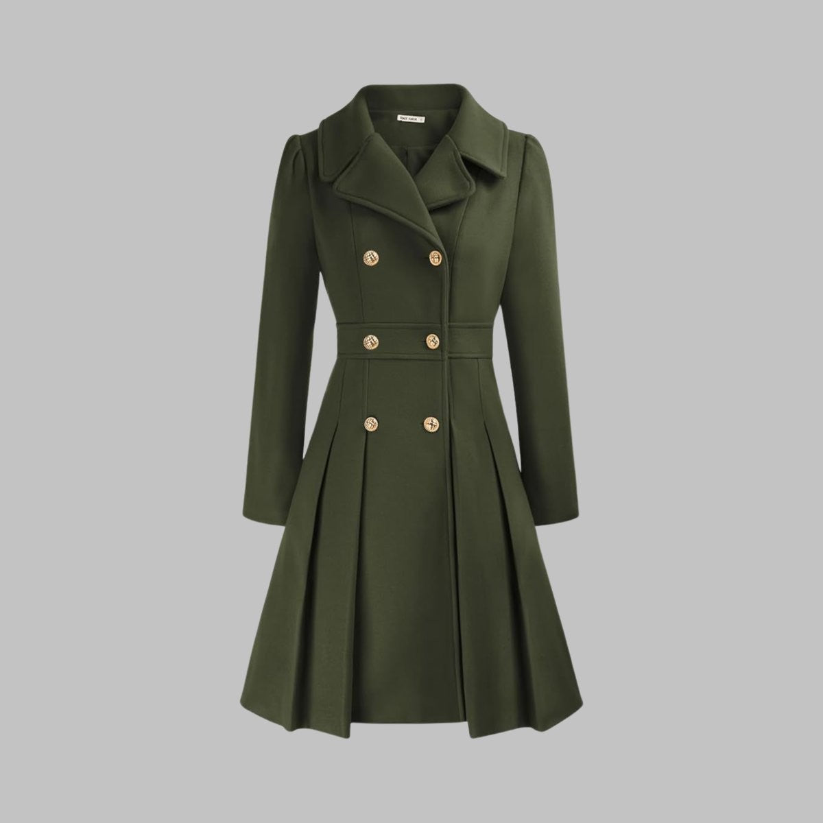 Women's Double-Breasted Pleated A-Line Notch-Lapel Long-Sleeve Coat – Army Green