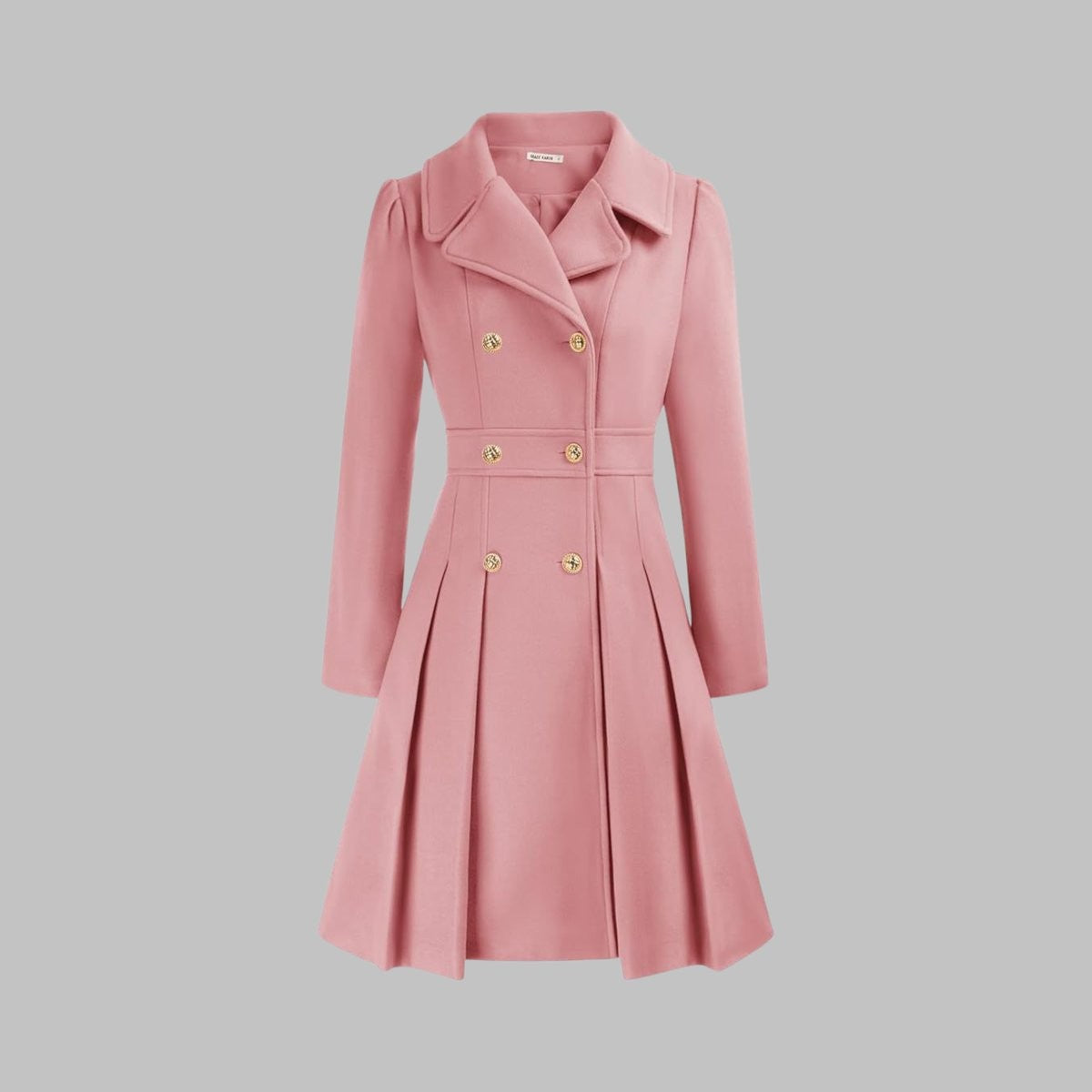 Women's Double-Breasted Pleated A-Line Notch-Lapel Long-Sleeve Coat – Pink