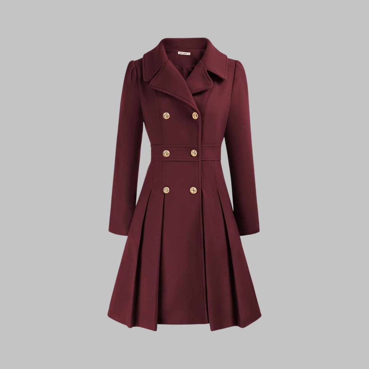 Women's Double-Breasted Pleated A-Line Notch-Lapel Long-Sleeve Coat – Burgundy