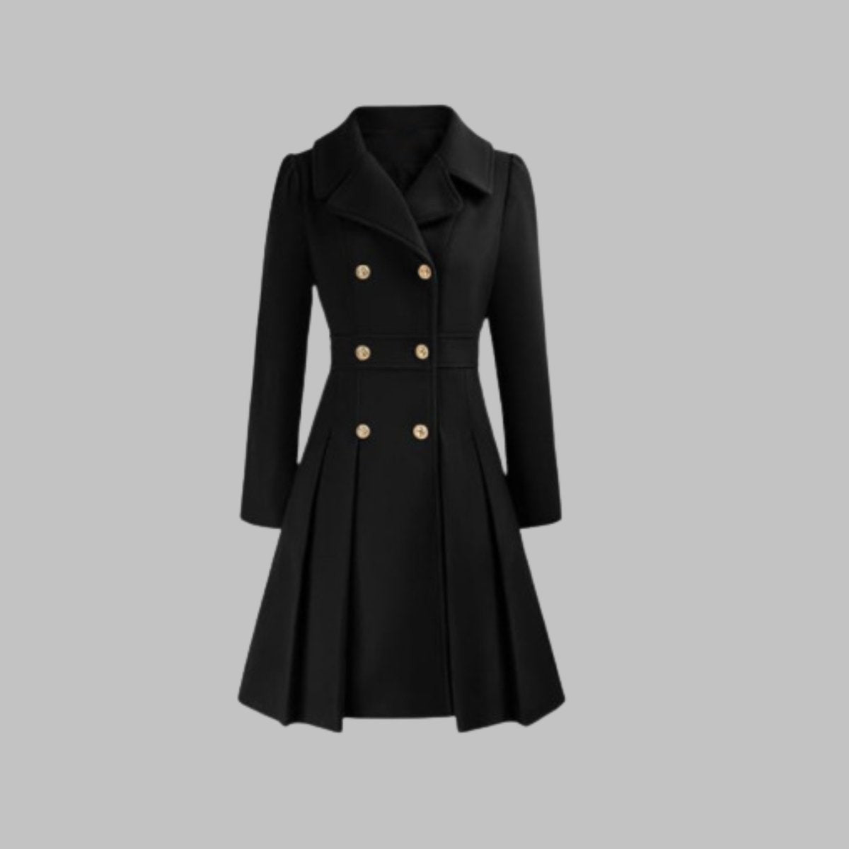 Women's Double-Breasted Pleated A-Line Notch-Lapel Long-Sleeve Coat – Black
