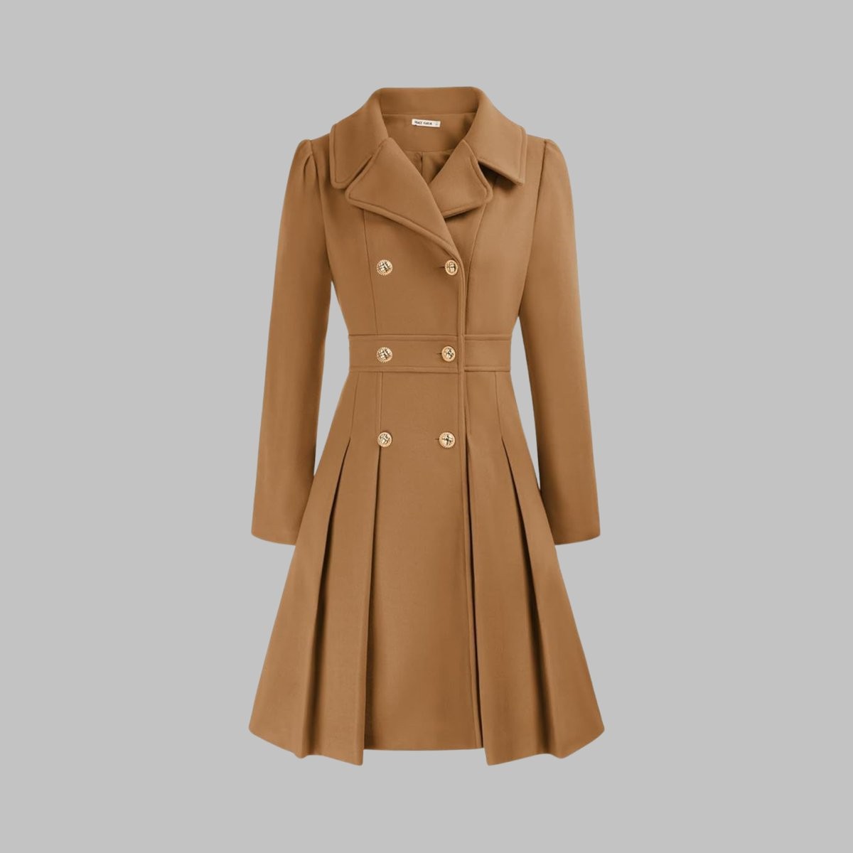 Women's Double-Breasted Pleated A-Line Notch-Lapel Long-Sleeve Coat – Camel
