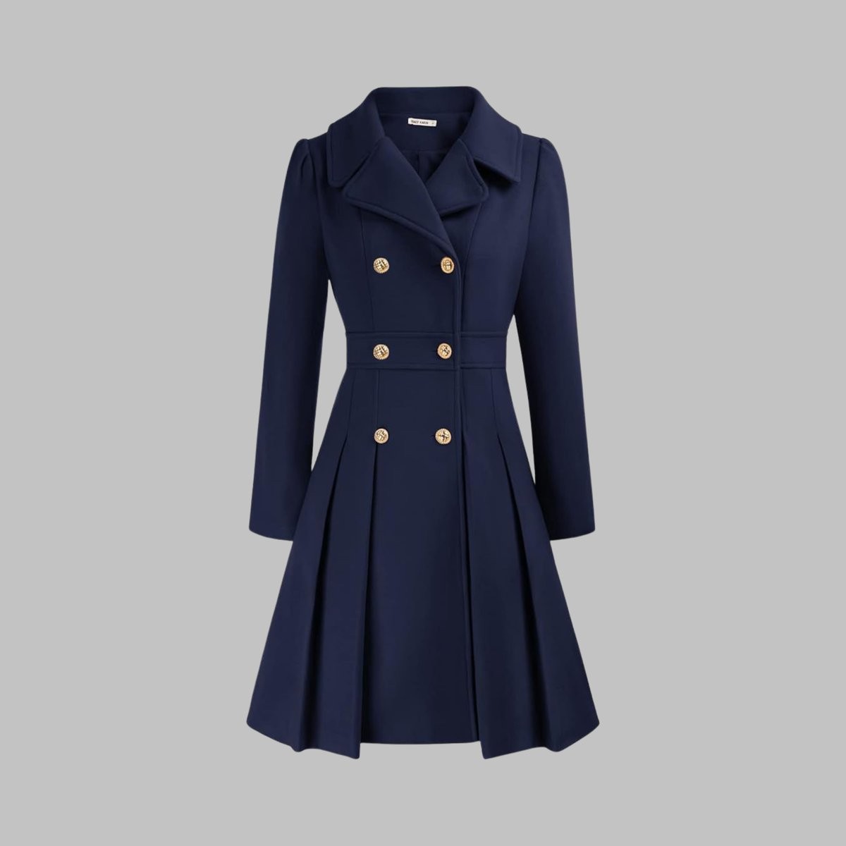 Women's Double-Breasted Pleated A-Line Notch-Lapel Long-Sleeve Coat – Dark Blue
