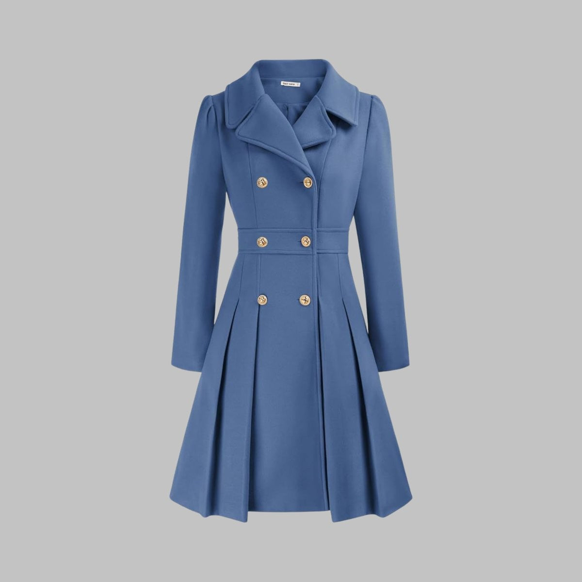 Women's Double-Breasted Pleated A-Line Notch-Lapel Long-Sleeve Coat – Grey Blue
