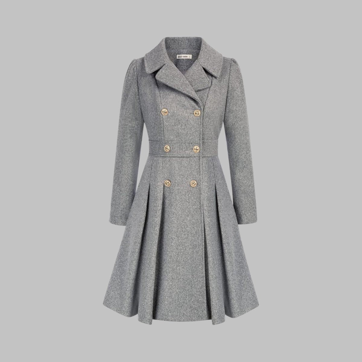 Women's Double-Breasted Pleated A-Line Notch-Lapel Long-Sleeve Coat – Light Grey