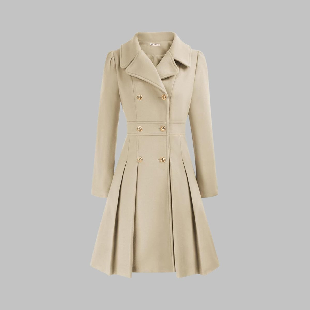 Women's Double-Breasted Pleated A-Line Notch-Lapel Long-Sleeve Coat – Beige