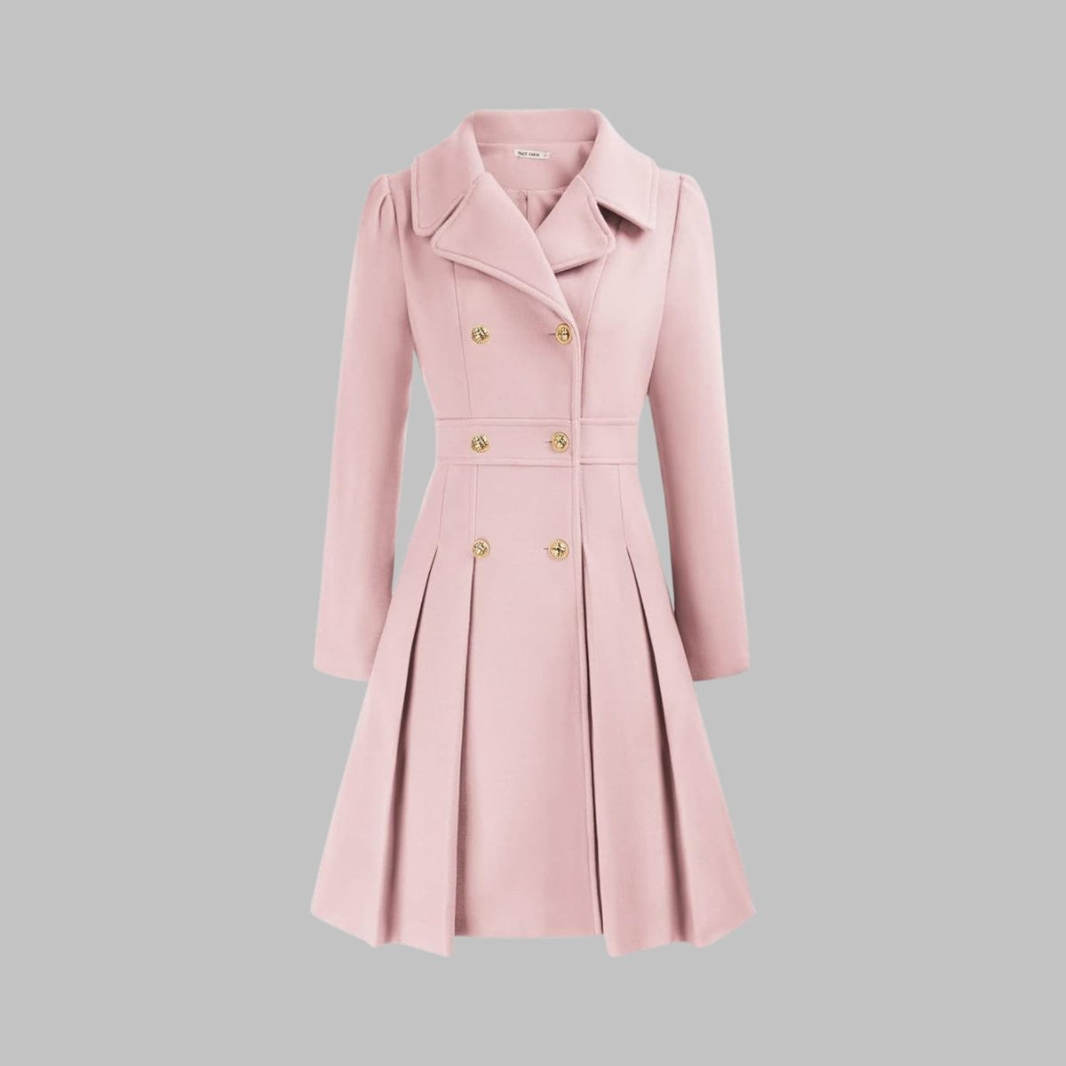 Women's Double-Breasted Pleated A-Line Notch-Lapel Long-Sleeve Coat – Light Pink