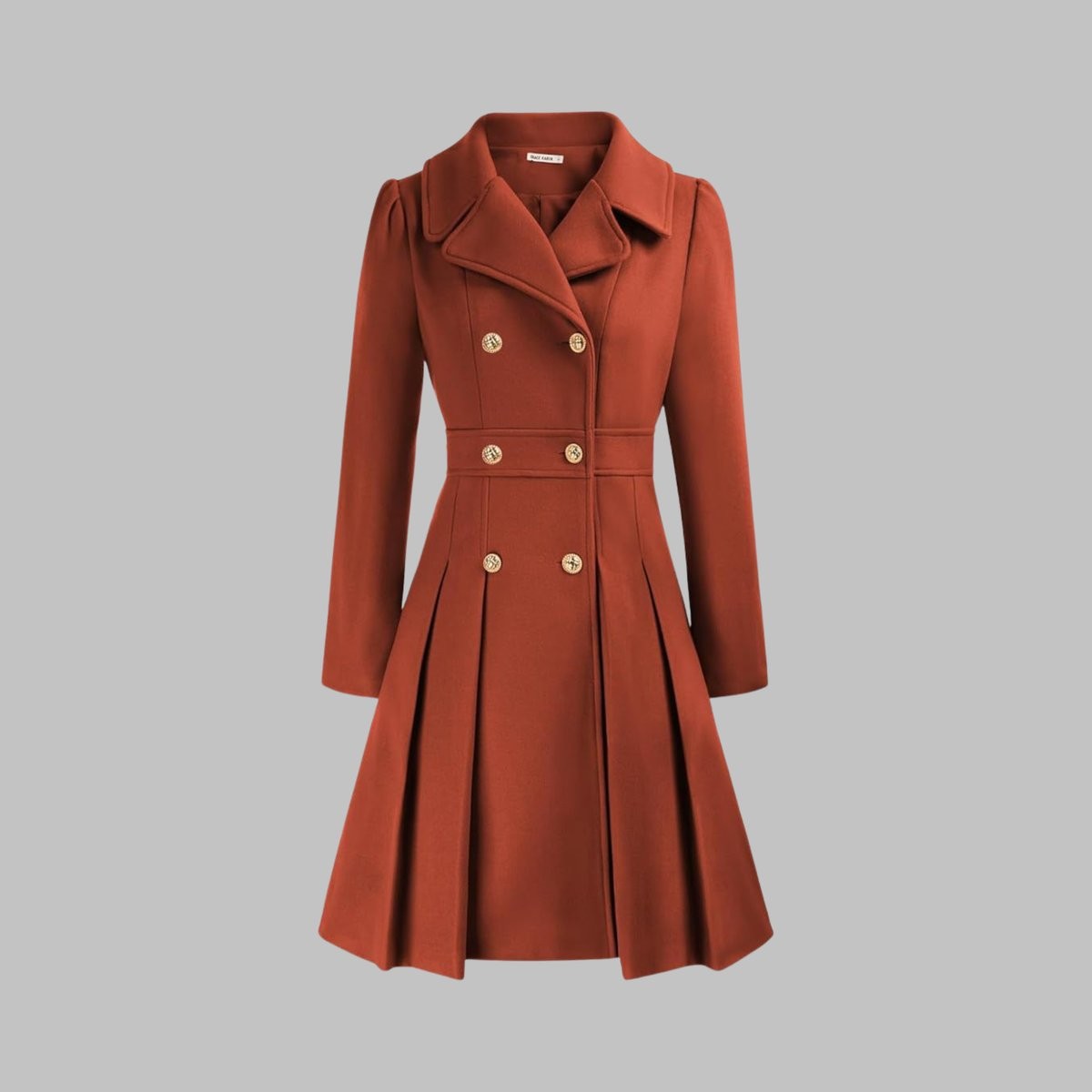 Women's Double-Breasted Pleated A-Line Notch-Lapel Long-Sleeve Coat – Orange