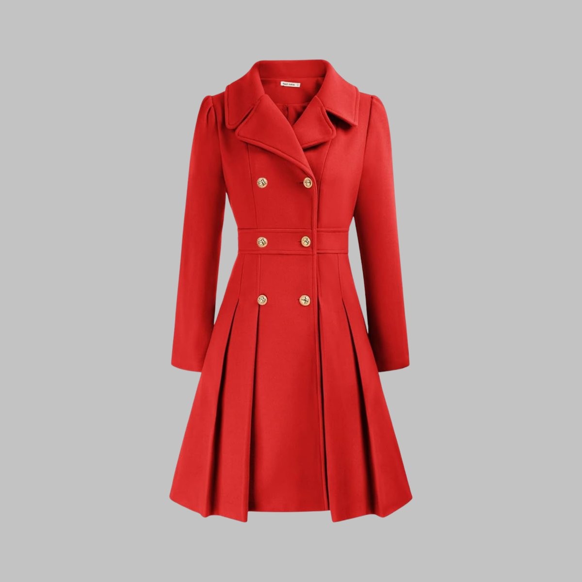 Women's Double-Breasted Pleated A-Line Notch-Lapel Long-Sleeve Coat – Red