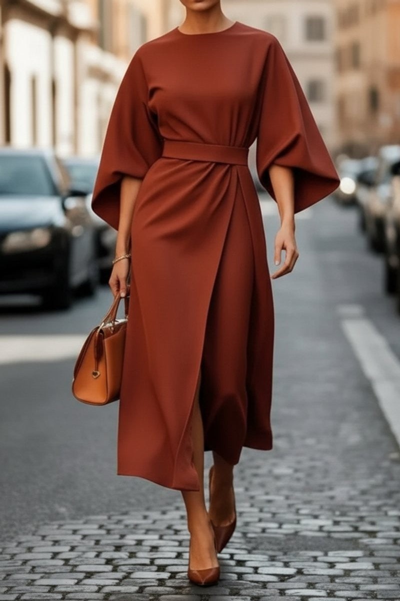 Women's Draped Cape-Sleeve Belted Autumn Wedding Guest Midi Dress – Rust Brown