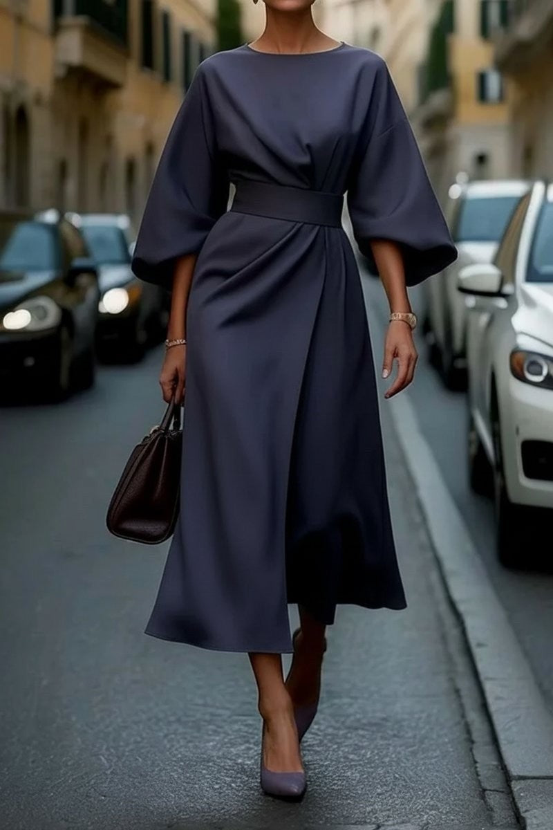 Women's Draped Cape-Sleeve Belted Autumn Wedding Guest Midi Dress – Navy Blue