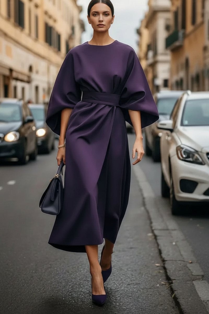 Women's Draped Cape-Sleeve Belted Autumn Wedding Guest Midi Dress – Purple
